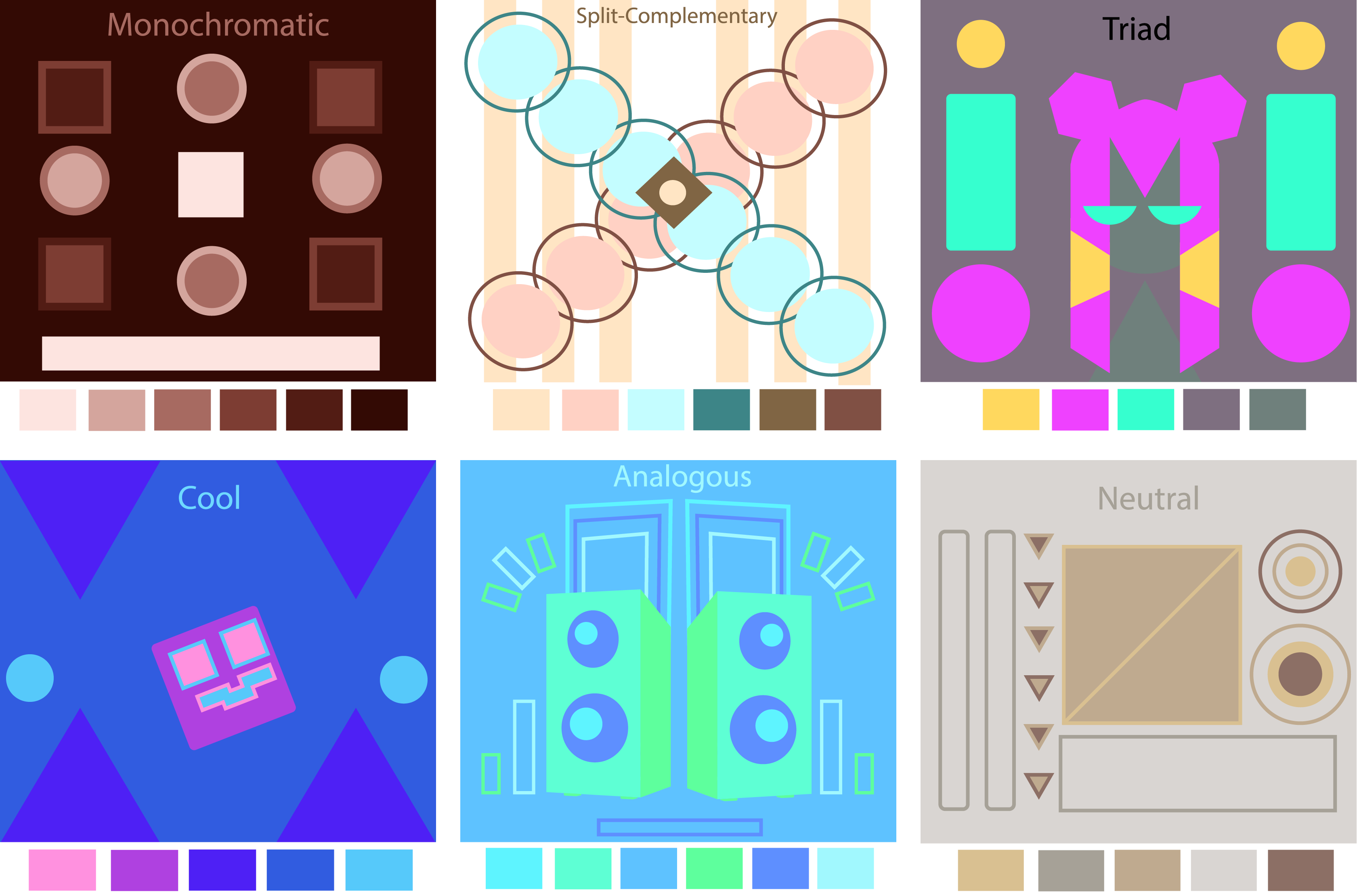 Different color schemes with momochomatic, split-complentary, triad, cool colors, analogous, and neutral.