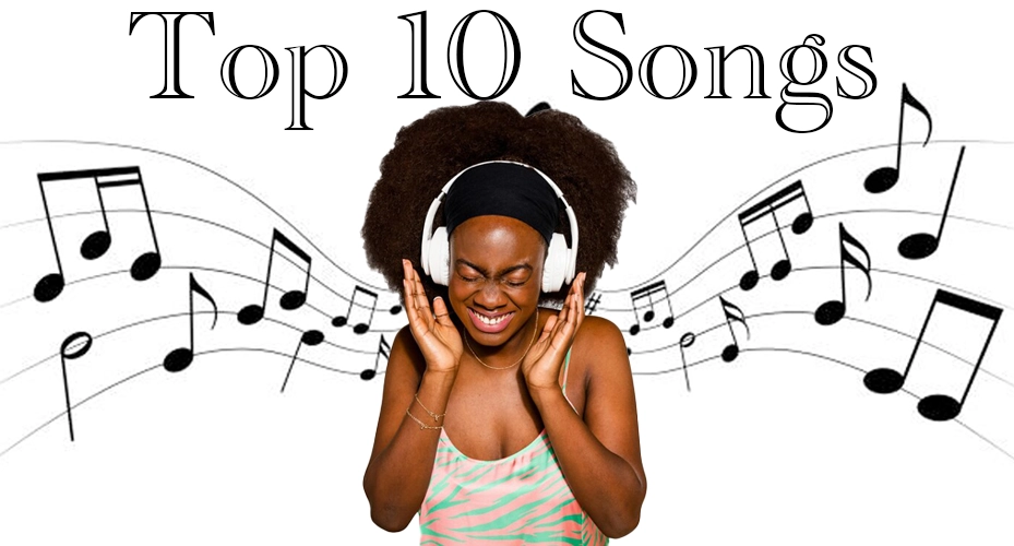 A black girl with white headphones one and musical notes in the background